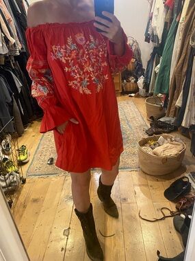 Free People red Off-Shoulder Embroidered Women’s Dress long sleeve pockets